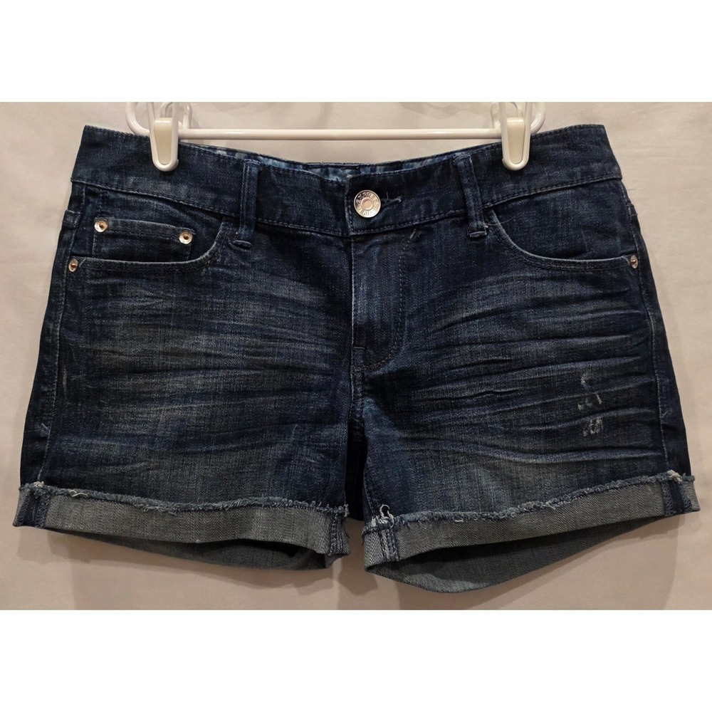 Express Womens Dark Wash Denim Cuffed Raw Hem Shorts Size 4 Blue Lion Logo